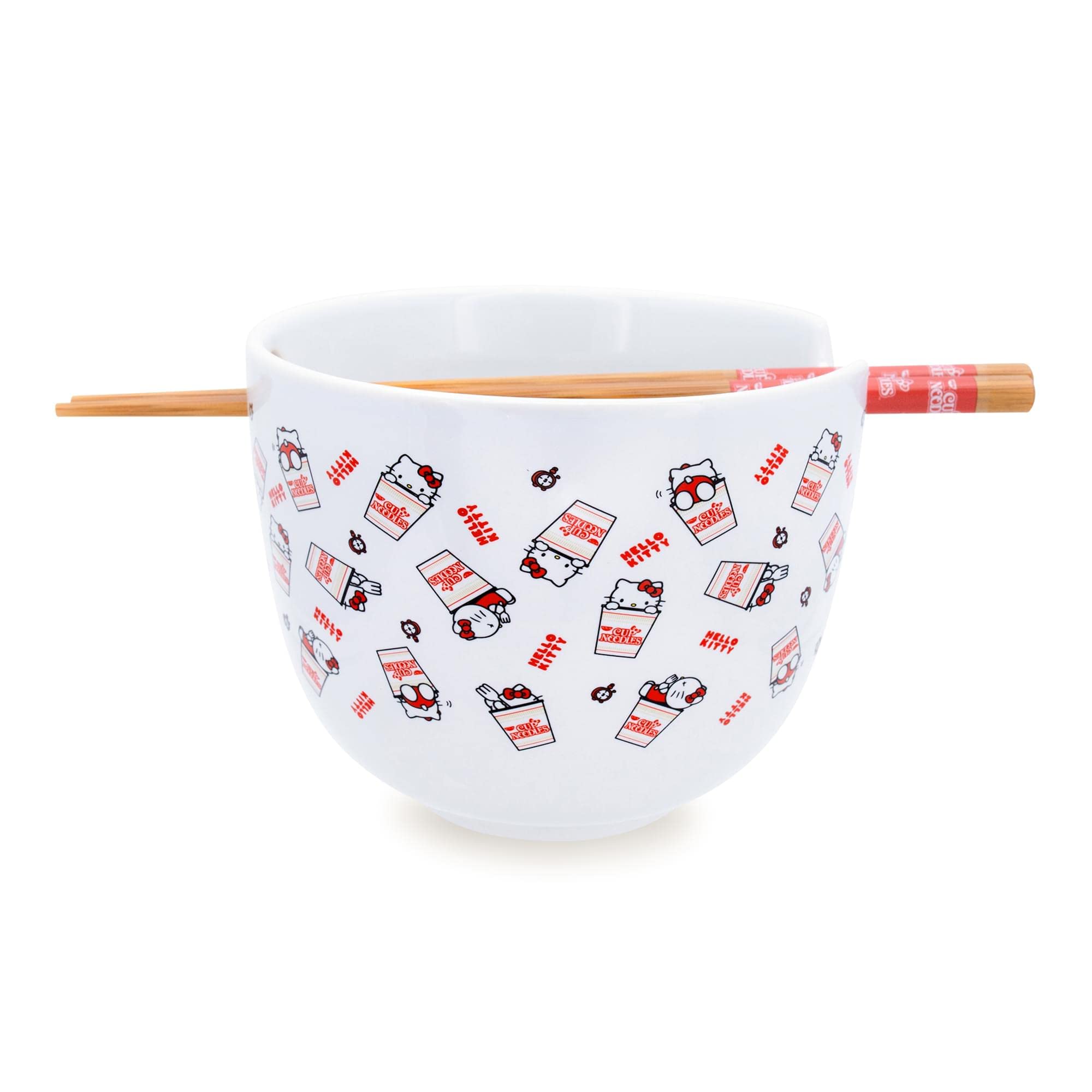 Toynk Sanrio Hello Kitty x Nissin Cup Noodles Ceramic Dinnerware Set | Includes 20-Ounce Ramen Noodle Bowl and Wooden Chopsticks