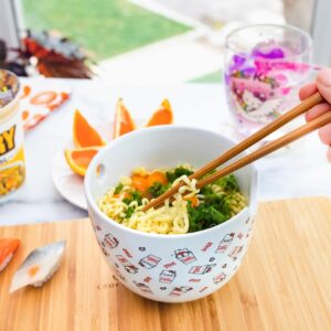 Toynk Sanrio Hello Kitty x Nissin Cup Noodles Ceramic Dinnerware Set | Includes 20-Ounce Ramen Noodle Bowl and Wooden Chopsticks