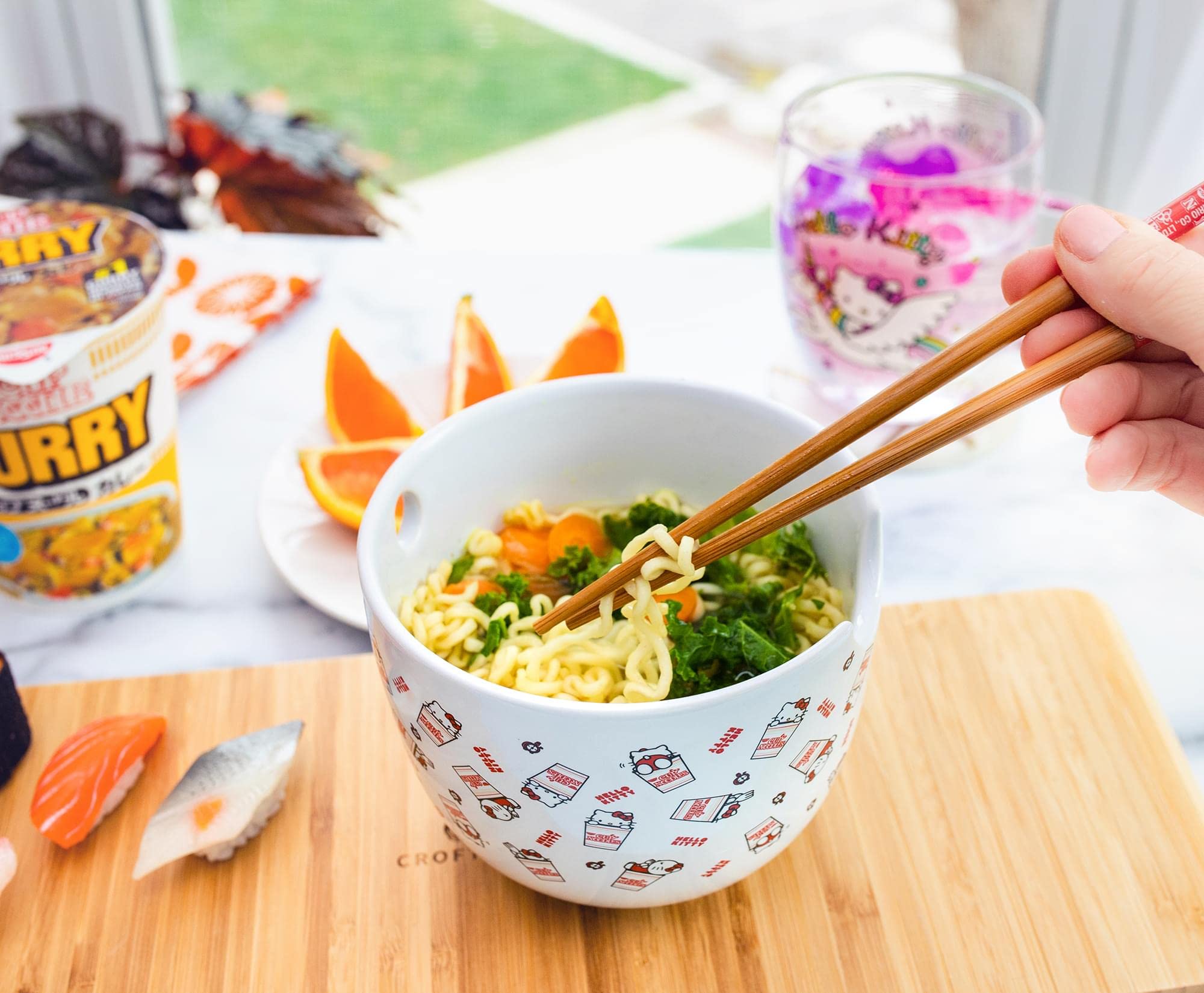Toynk Sanrio Hello Kitty x Nissin Cup Noodles Ceramic Dinnerware Set | Includes 20-Ounce Ramen Noodle Bowl and Wooden Chopsticks