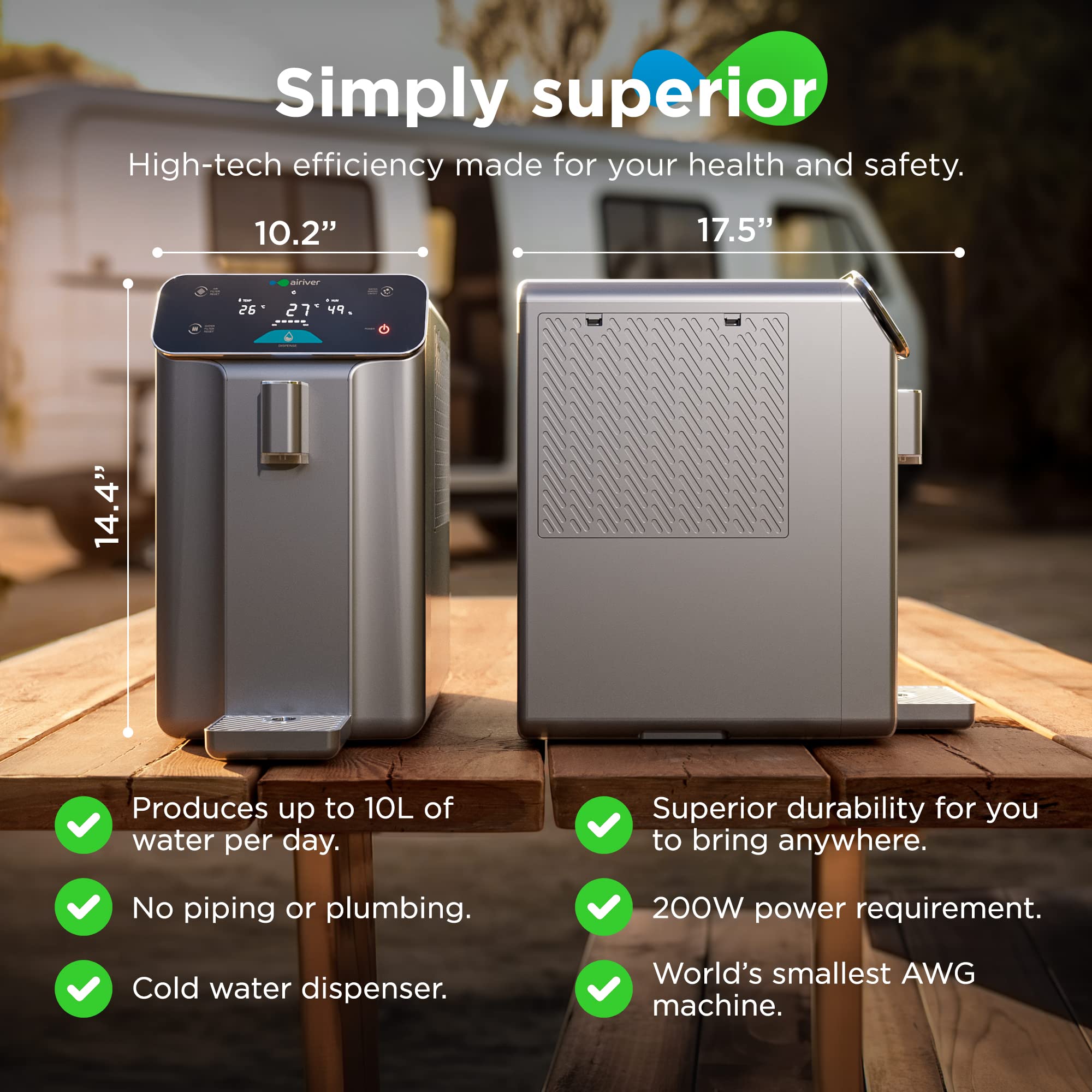 Airiver Worlds Smallest 10L Family Atmospheric Water Generator - 2023 Award Winning DSGN - Portable Air to Water Generator - Van Life, Boat, Camping, Tiny House, Off Grid, Preppers, Silver