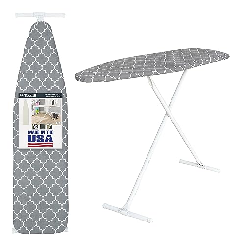 Ironing Board Full Size; Made in USA by Seymour Home Products (Grey Lattice) Bundle Includes Cover + Pad | Iron Board w/Steel T-Legs Adjustable from Tabletop up to 35" High