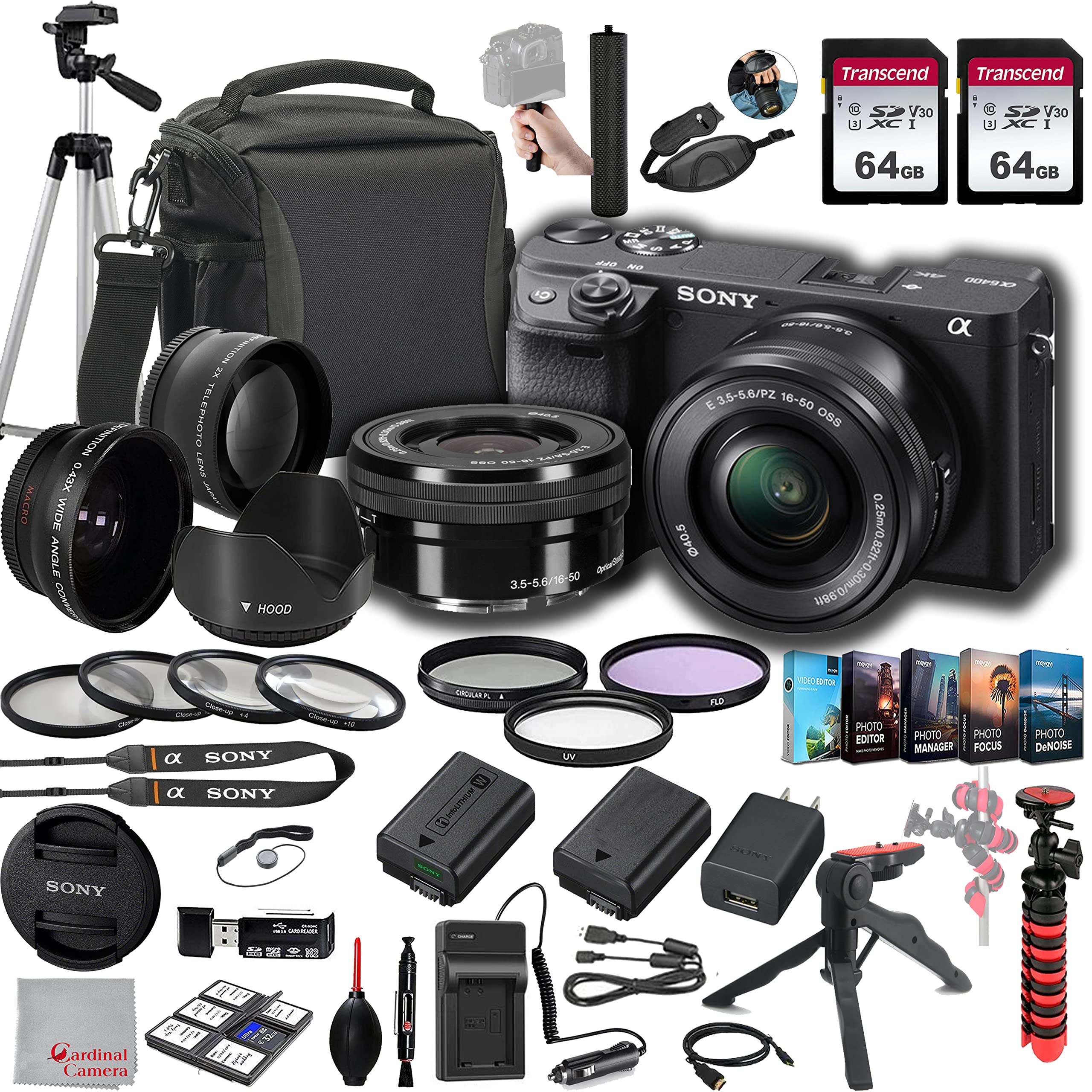 Sony a6400 Mirrorless Camera with 16-50mm Lens, 128GB Memory.43 Wide Angle & 2X Lenses, Case. Tripod, Filters, Hood, Grip,Spare Battery & Charger, Video & Photo Editing Software Kit -Deluxe Bundle