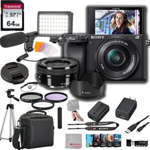 sony a6400 mirrorless camera with 16-50mm lens 64gb memory,videl microphone, led video light, case. tripod, filters, hood, grip, & professional video & photo editing software kit