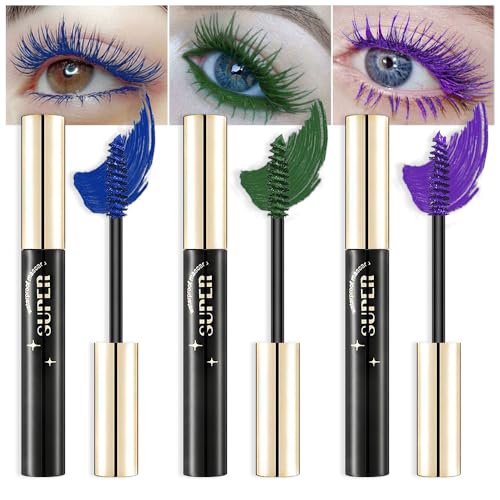 3 Color Colored Mascara Set,Green Blue Purple Mascara Colorful Long Lasting Waterproof Hyperallergenic Mascara for Eyelashes,Purple Blue Green Mascara for Eyelashes Women's Volumizing Eye Mascara Set