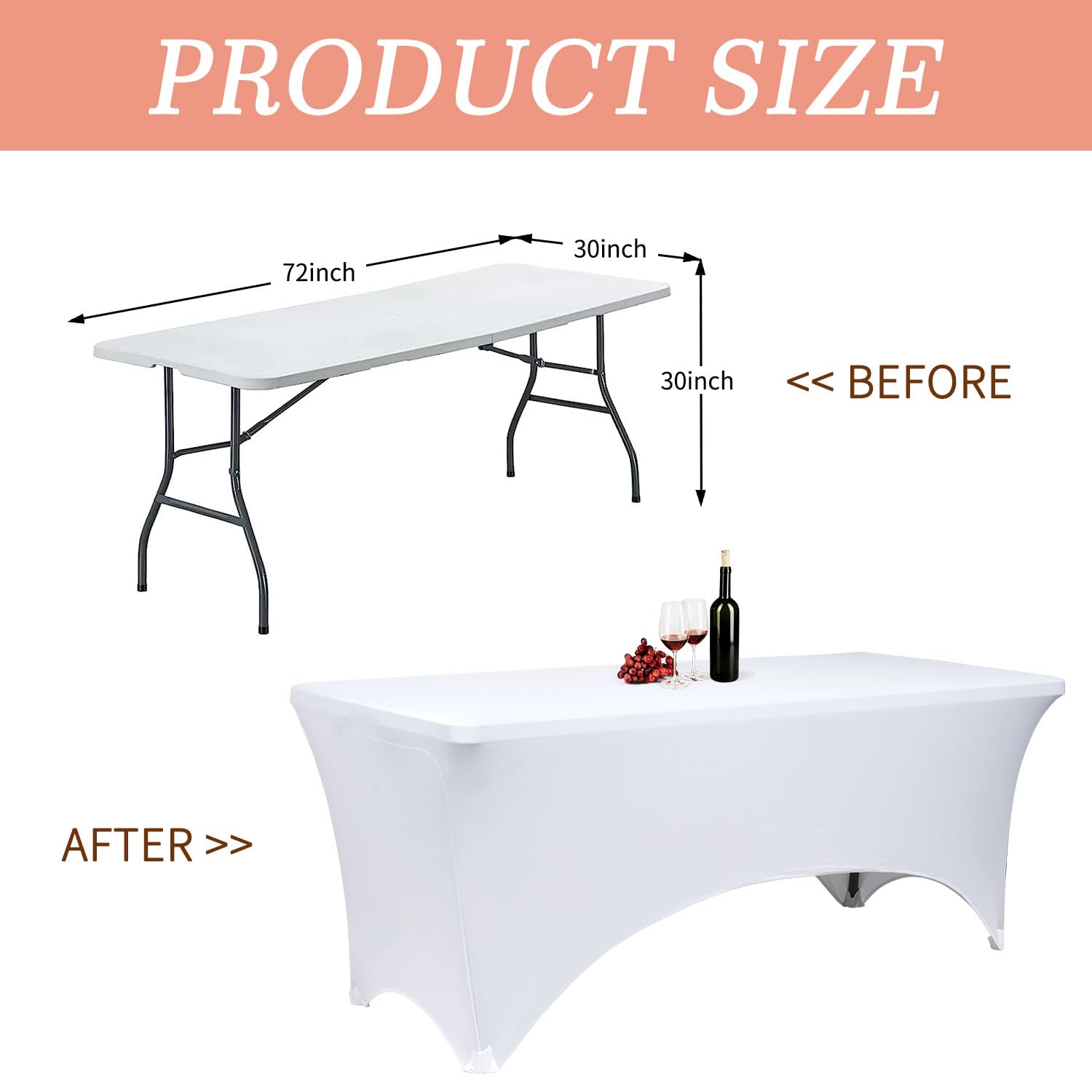 TANIASH Spandex Table Cover Fitted Spandex Tablecloths Stretch Table Cover Stretchy Table Cloth Washable Polyester Table Protector for Folding Rectangle Table, Wedding Party or Event (White, 6Pack)