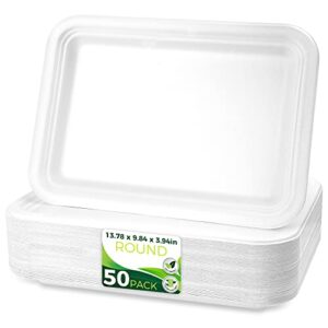birchio 50pack 14" heavy duty disposable rectangle food trays, compostable extra large paper platter plates serving crawfish, lobster, crab for party, bbq, crawfish boil accessories