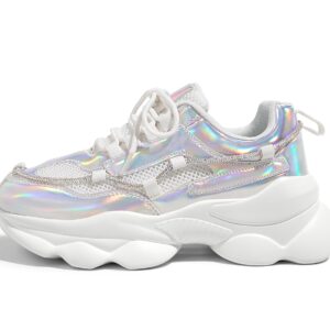 LUCKY STEP Women's 90s Chunky Sneakers Sparkly Bling Rhinestone Rope Platform Casual Thick Dad Rave Walking Shoes(Hologram Silver,7 B(M) US)