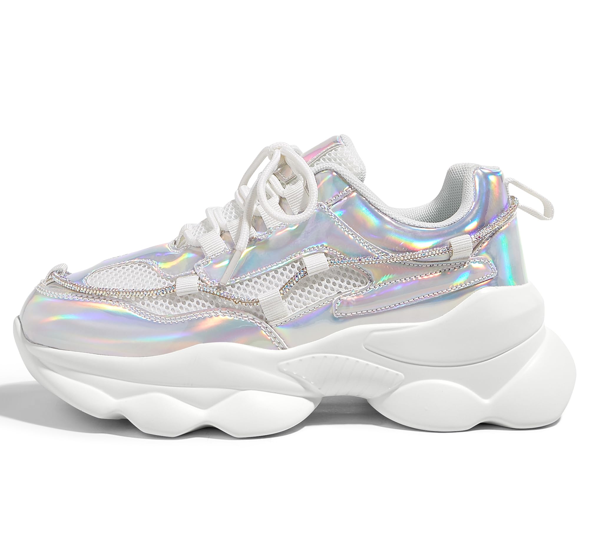 LUCKY STEP Women's 90s Chunky Sneakers Sparkly Bling Rhinestone Rope Platform Casual Thick Dad Rave Walking Shoes(Hologram Silver,7 B(M) US)