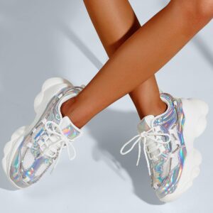 LUCKY STEP Women's 90s Chunky Sneakers Sparkly Bling Rhinestone Rope Platform Casual Thick Dad Rave Walking Shoes(Hologram Silver,7 B(M) US)