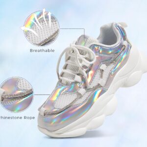 LUCKY STEP Women's 90s Chunky Sneakers Sparkly Bling Rhinestone Rope Platform Casual Thick Dad Rave Walking Shoes(Hologram Silver,7 B(M) US)