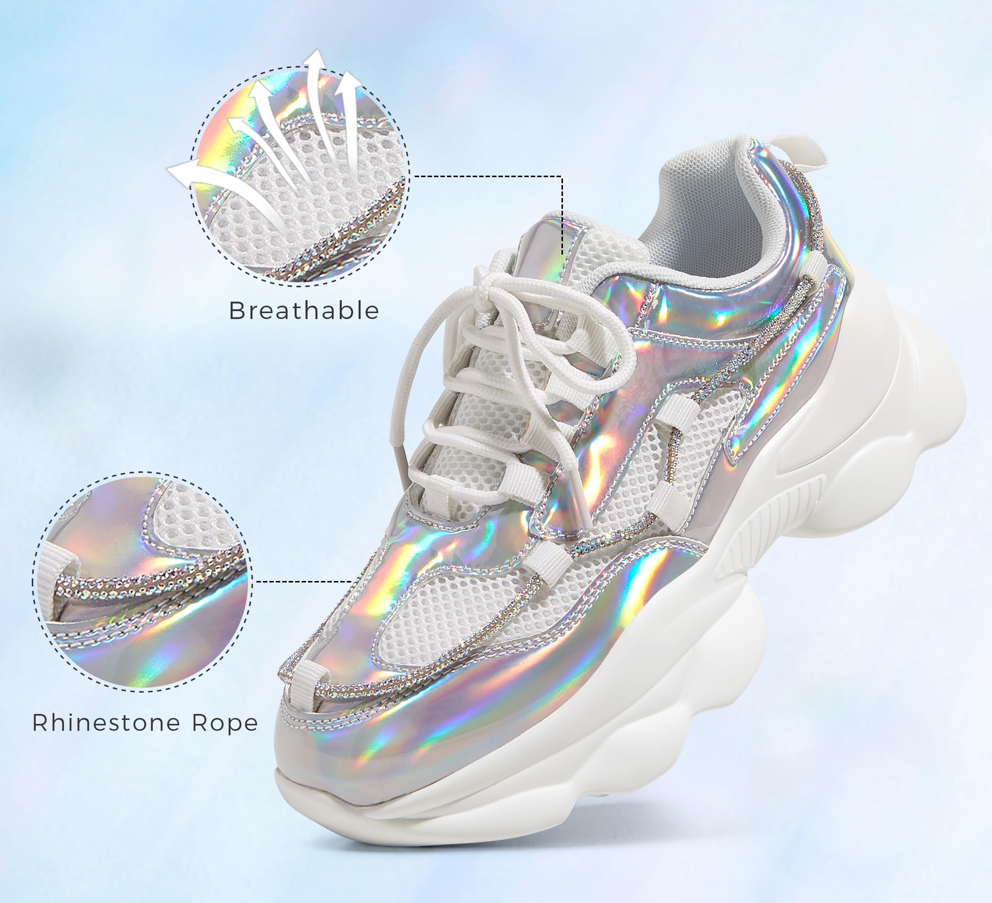 LUCKY STEP Women's 90s Chunky Sneakers Sparkly Bling Rhinestone Rope Platform Casual Thick Dad Rave Walking Shoes(Hologram Silver,7 B(M) US)