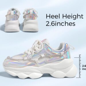 LUCKY STEP Women's 90s Chunky Sneakers Sparkly Bling Rhinestone Rope Platform Casual Thick Dad Rave Walking Shoes(Hologram Silver,7 B(M) US)