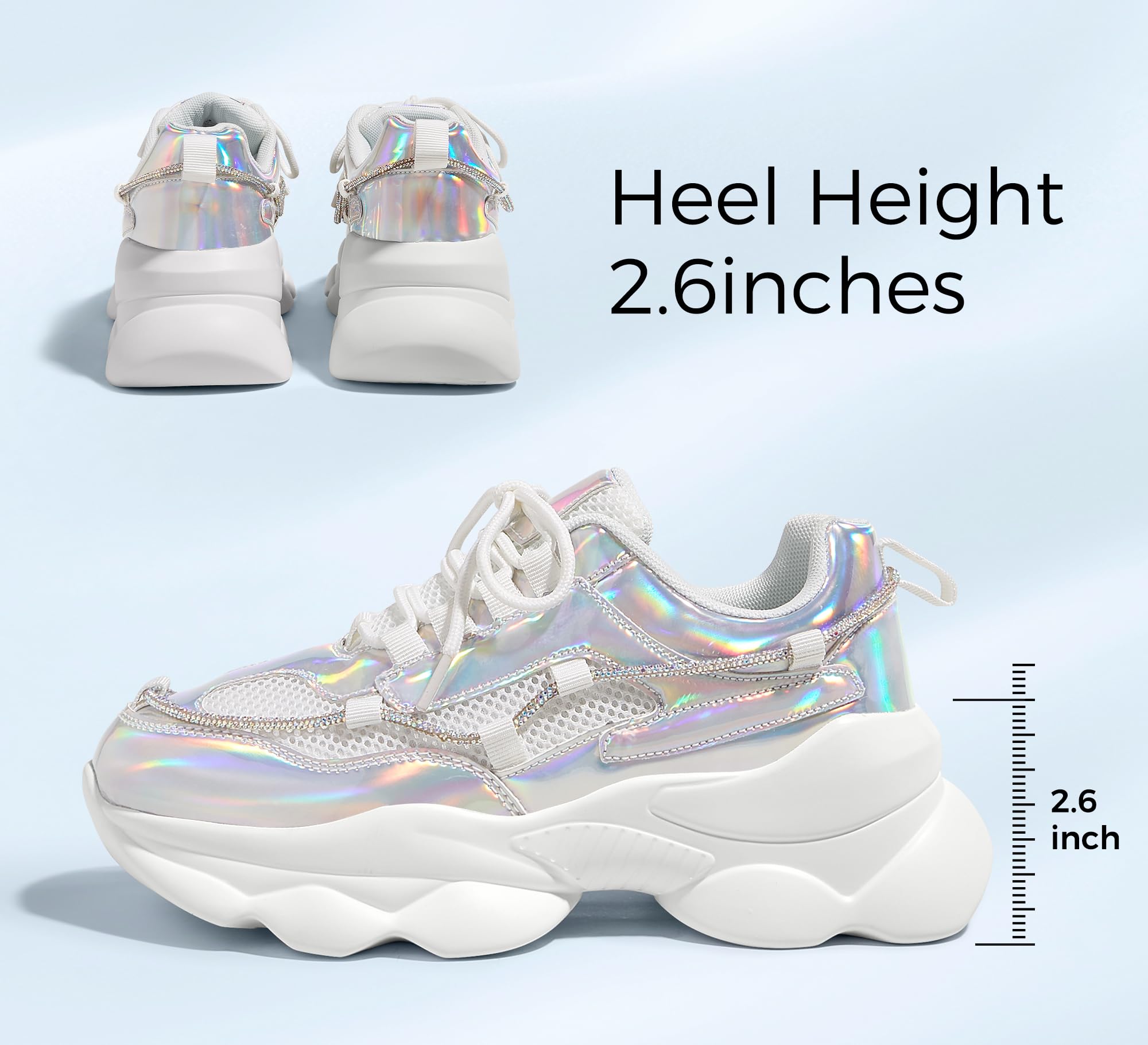 LUCKY STEP Women's 90s Chunky Sneakers Sparkly Bling Rhinestone Rope Platform Casual Thick Dad Rave Walking Shoes(Hologram Silver,7 B(M) US)