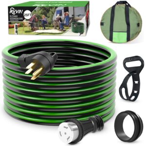 rvvin 50 amp 25 feet rv extension cord, 14-50p to ss2-50r heavy duty stw generator extension cord for rv camper and generator to house, with locking connector, etl listed (black&green)
