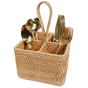 lilacooqinn natural water hyacinth utensil caddy with built-in handles，wicker silverware caddy with 4 compartments，spoon cutlery holder utensils organizer，condiment organizer silverware holder