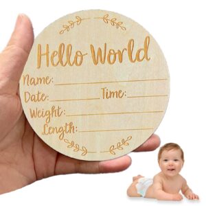 joaoxoko hello horld newborn sign，5.9 inch round wooden baby announcement sign for newborn boys and girls，welcome baby sign for hospital photo prop gift (leaf)
