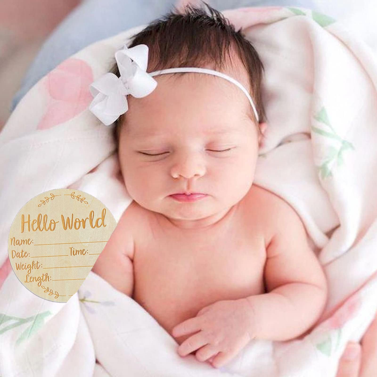 joaoxoko Hello Horld Newborn Sign，5.9 Inch Round Wooden Baby Announcement Sign for Newborn Boys and Girls，Welcome Baby Sign for Hospital Photo Prop Gift (Leaf)