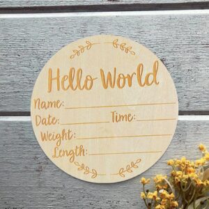 joaoxoko Hello Horld Newborn Sign，5.9 Inch Round Wooden Baby Announcement Sign for Newborn Boys and Girls，Welcome Baby Sign for Hospital Photo Prop Gift (Leaf)
