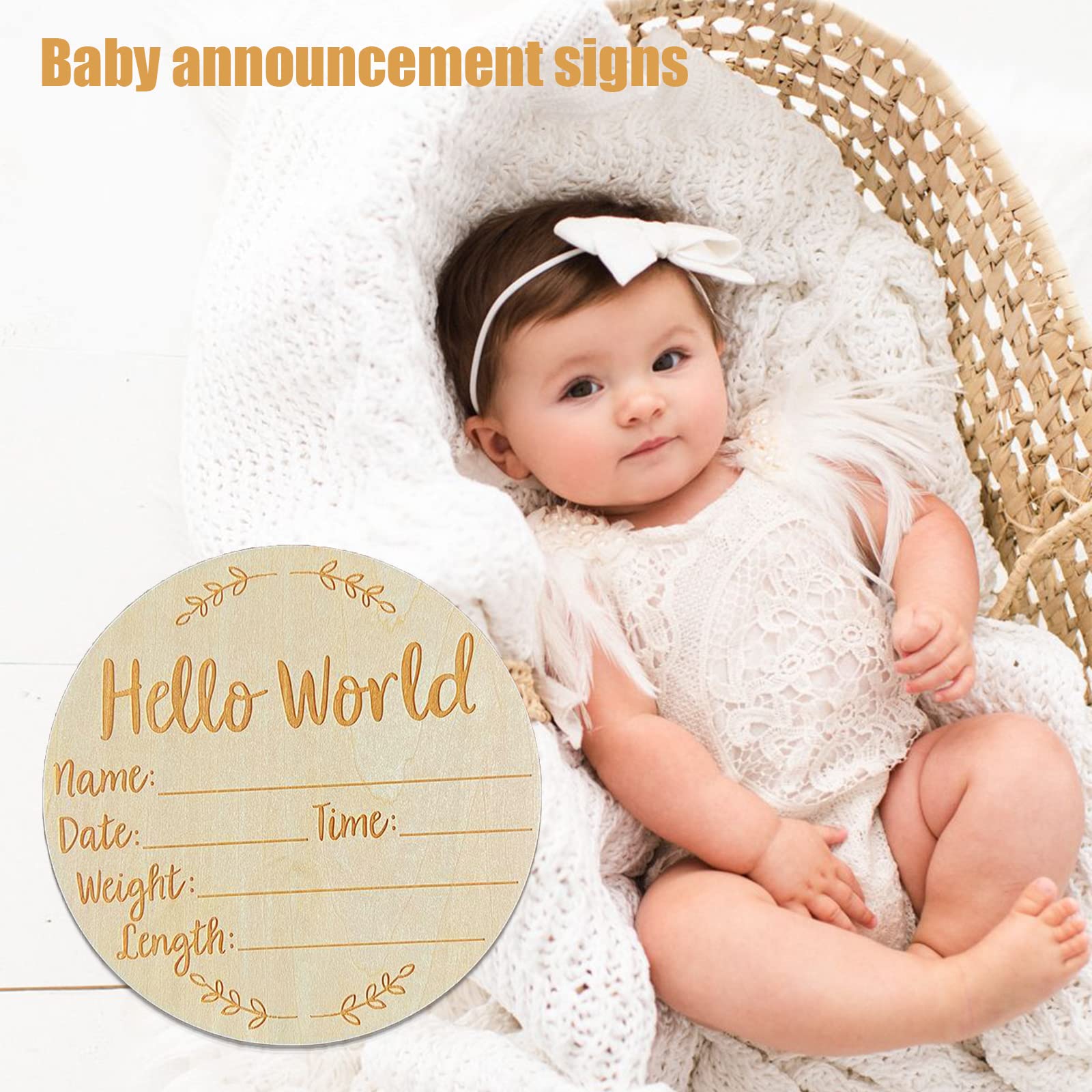 joaoxoko Hello Horld Newborn Sign，5.9 Inch Round Wooden Baby Announcement Sign for Newborn Boys and Girls，Welcome Baby Sign for Hospital Photo Prop Gift (Leaf)