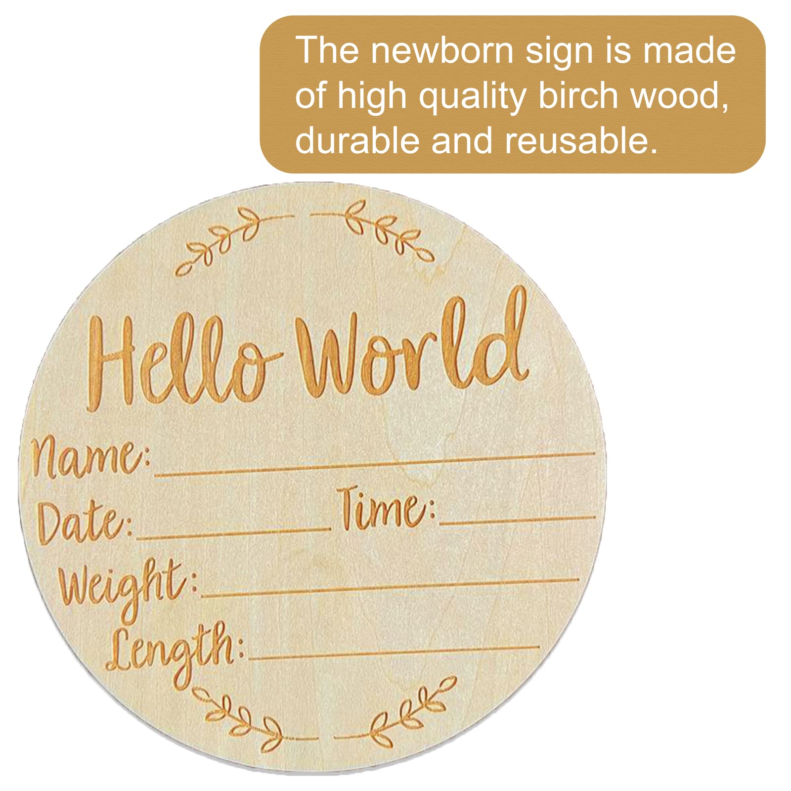 joaoxoko Hello Horld Newborn Sign，5.9 Inch Round Wooden Baby Announcement Sign for Newborn Boys and Girls，Welcome Baby Sign for Hospital Photo Prop Gift (Leaf)