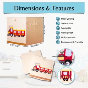 Product 4 Kids - Washable Toy Box Storage Cube, Canvas Toy Chest Organizer Foldable Kids Toy Storage Organizers for Child's Bedroom or Playroom -13x13X13 Inch (Truck+Train)