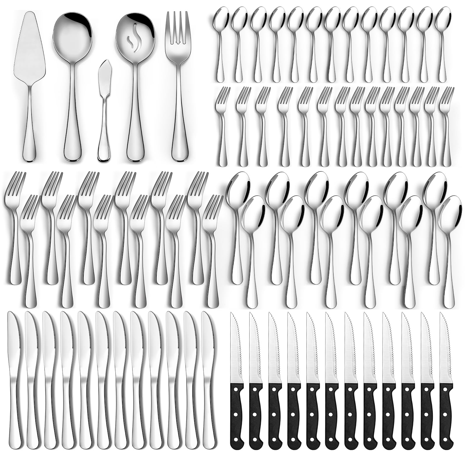 53-Piece Silverware Set with Steak Knives, Flatware Set for 8, Food-Grade Stainless Steel Tableware Cutlery Set with Serving Utensils, Utensil Sets for Home Restaurant, Mirror Finish, Dishwasher Safe