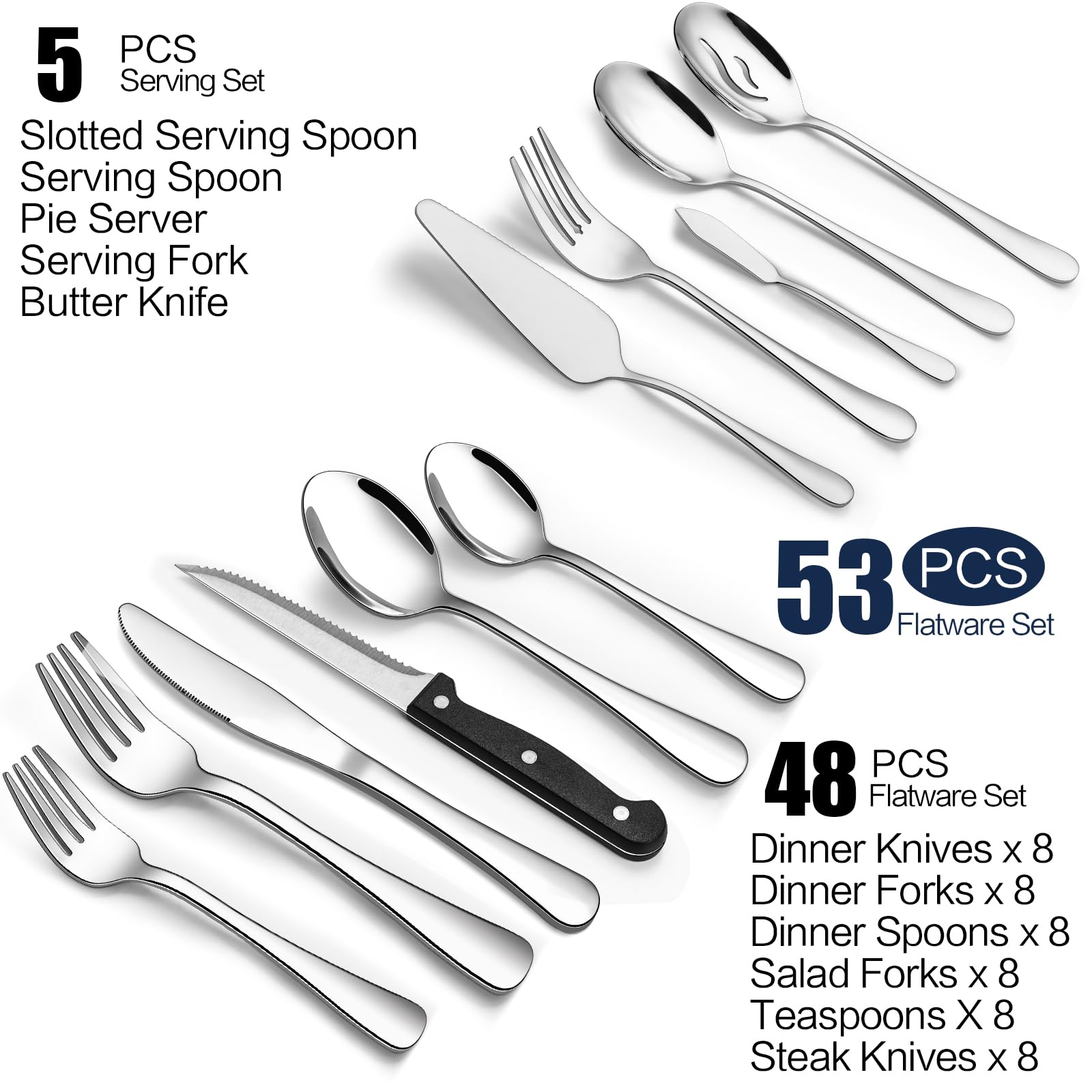 53-Piece Silverware Set with Steak Knives, Flatware Set for 8, Food-Grade Stainless Steel Tableware Cutlery Set with Serving Utensils, Utensil Sets for Home Restaurant, Mirror Finish, Dishwasher Safe