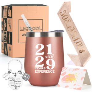 liqcool 50th birthday gifts for women, 21 with 29 years experience wine tumbler, 50 year old gifts for women, 12 oz birthday tumbler gifts set for best friends, mom, sister, wife, aunt turning 50