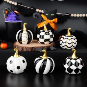 6 pcs ceramic pumpkins for halloween decor, black and white boo pumpkins for table, tiered tray, desk and mantel decorating- indoor halloween decorations for home