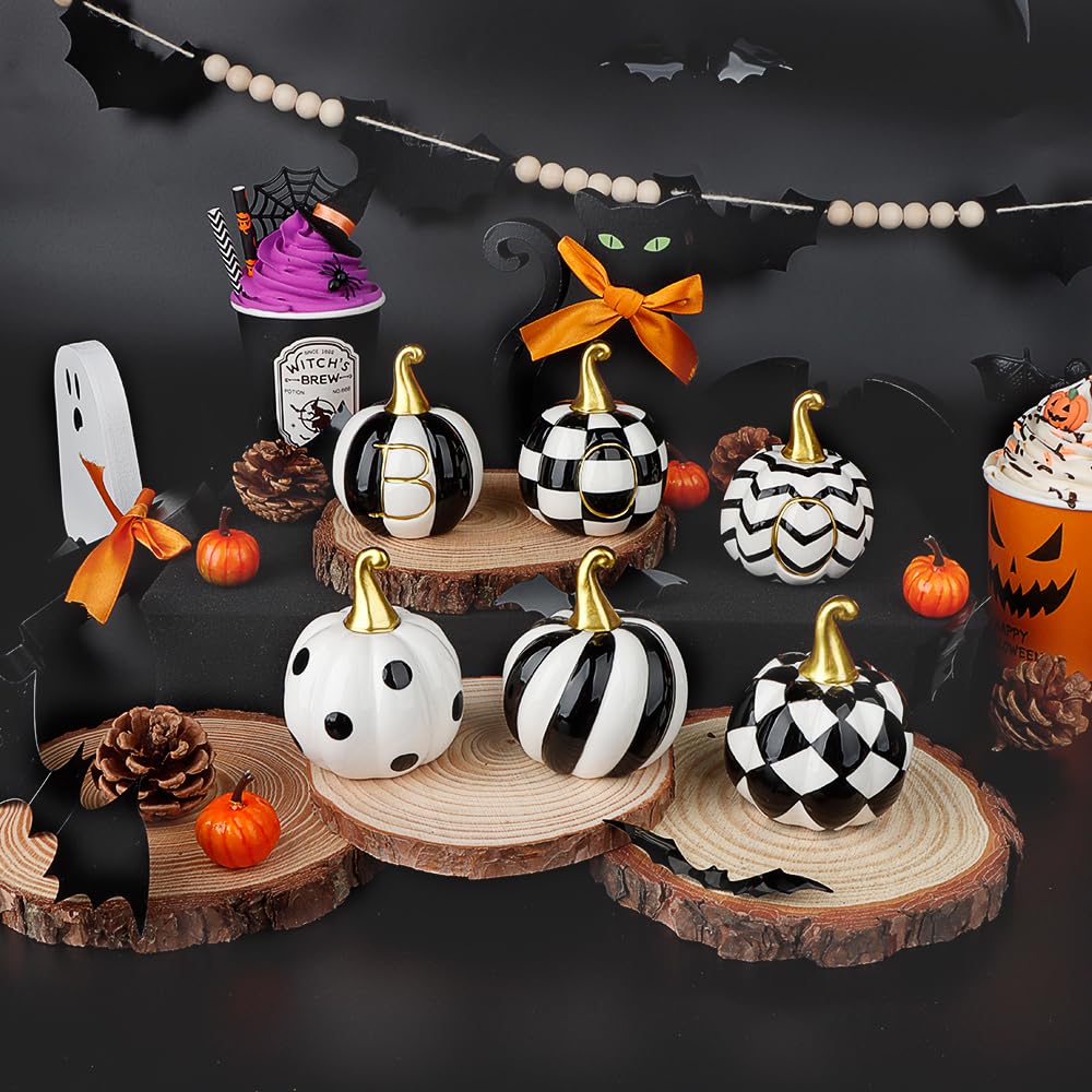 6 PCS Ceramic Pumpkins for Halloween Decor, Black and White Boo Pumpkins for Table, Tiered Tray, Desk and Mantel Decorating- Indoor Halloween Decorations for Home