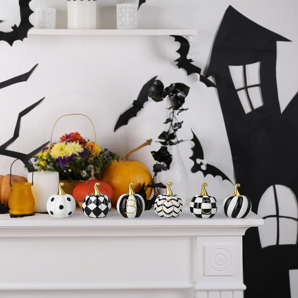 6 PCS Ceramic Pumpkins for Halloween Decor, Black and White Boo Pumpkins for Table, Tiered Tray, Desk and Mantel Decorating- Indoor Halloween Decorations for Home