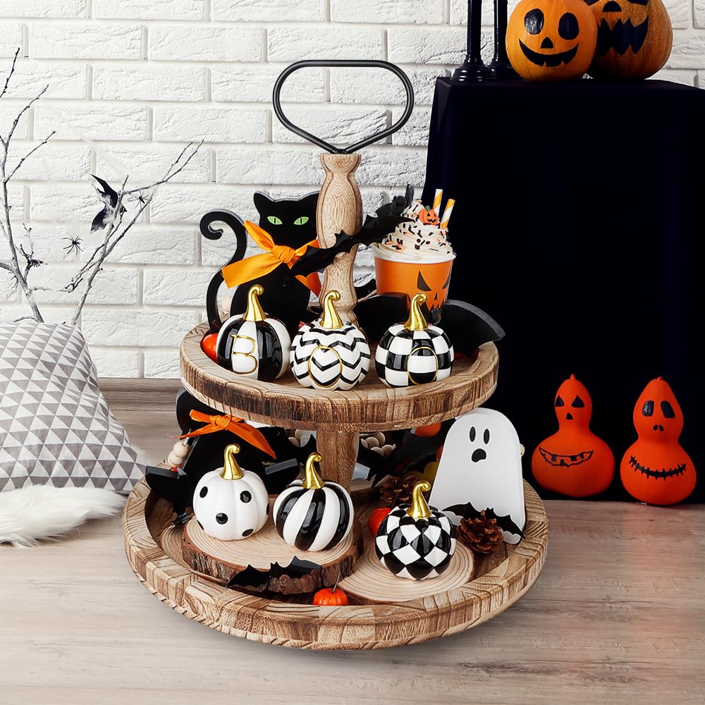 6 PCS Ceramic Pumpkins for Halloween Decor, Black and White Boo Pumpkins for Table, Tiered Tray, Desk and Mantel Decorating- Indoor Halloween Decorations for Home