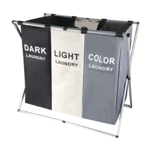 132l laundry cloth hamper sorter basket bag bin foldable 3 sections with aluminum frame 25'' × 14'' x 22'' washing storage dirty clothes bag for bathroom bedroom home (white+grey+black)