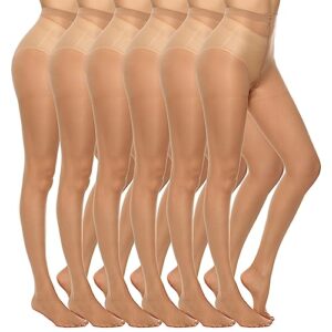 MANZI 6 Pairs Women's 20D Sheer Silky Pantyhose Run Resistant Nylon Tights High Waist Stockings with Control Top (6 Natural,M)