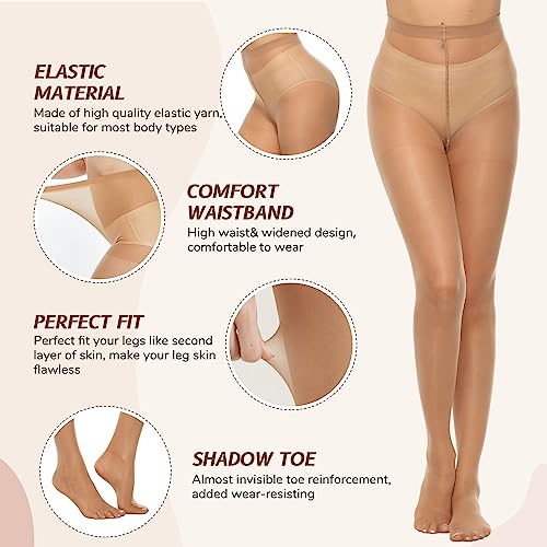 MANZI 6 Pairs Women's 20D Sheer Silky Pantyhose Run Resistant Nylon Tights High Waist Stockings with Control Top (6 Natural,M)