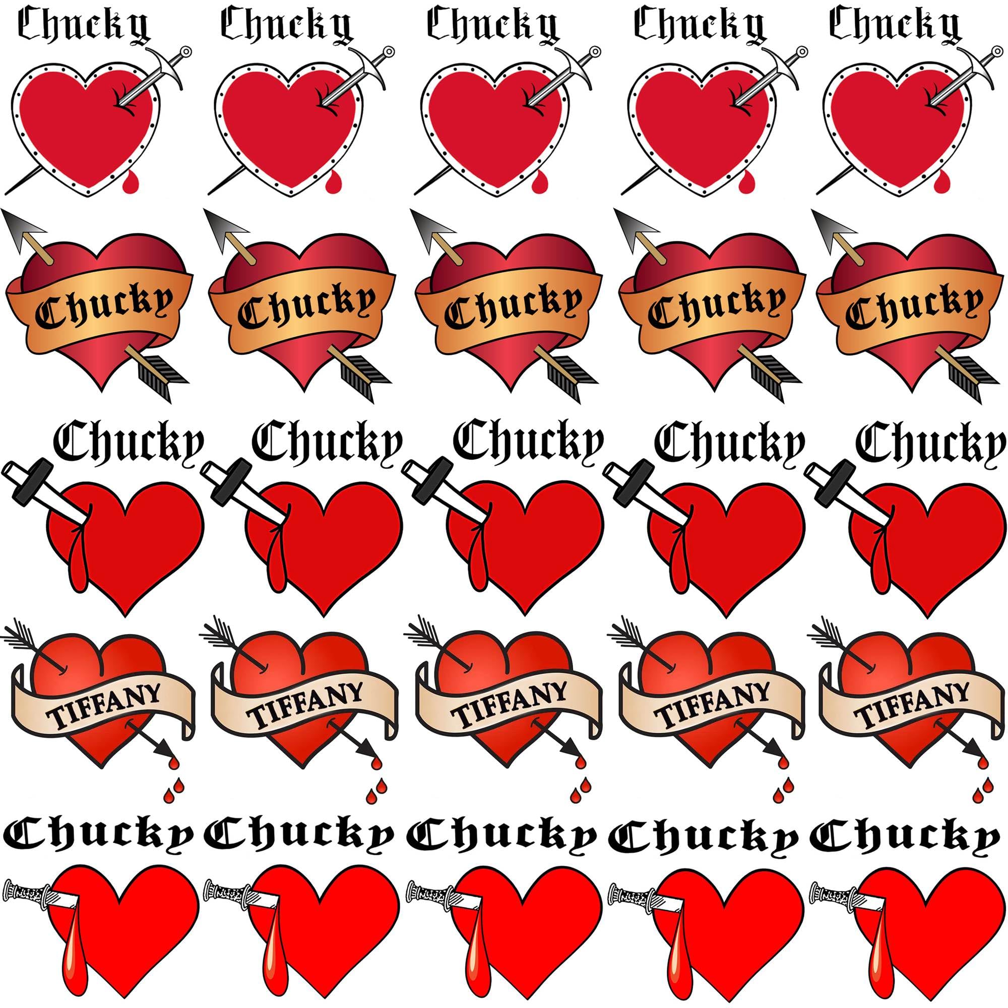 VANTATY 25 PCS 3D Bride Of Chucky Tattoo Heart, Tiffany Costume Bride Of Chucky For Women Kids Girls, Bride Of Chucky Heart Temporary Tattoo Stickers, Halloween Costume Zombie Chucky Makeup Kit