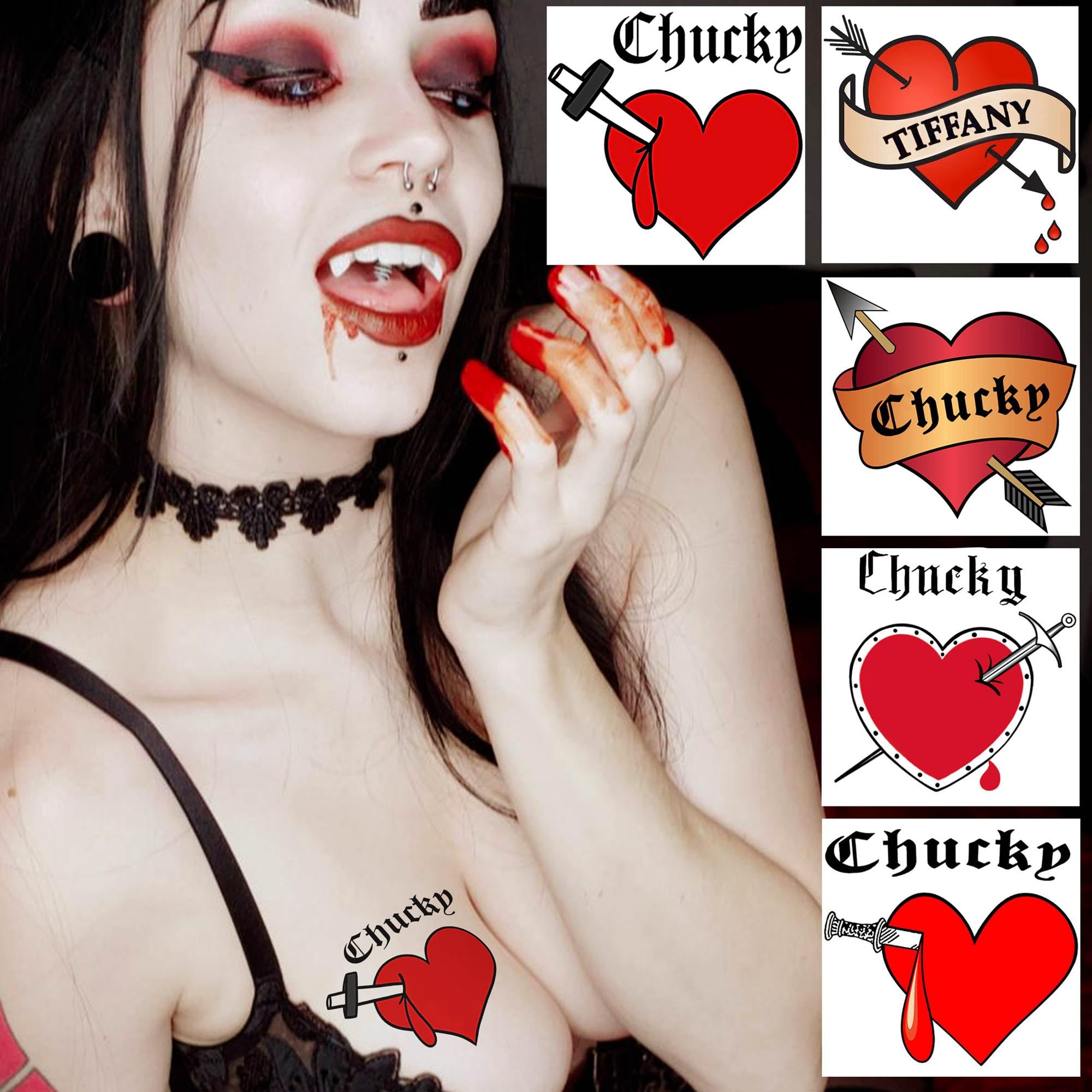 VANTATY 25 PCS 3D Bride Of Chucky Tattoo Heart, Tiffany Costume Bride Of Chucky For Women Kids Girls, Bride Of Chucky Heart Temporary Tattoo Stickers, Halloween Costume Zombie Chucky Makeup Kit