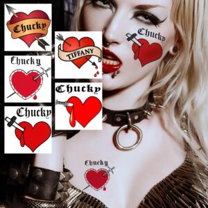 VANTATY 25 PCS 3D Bride Of Chucky Tattoo Heart, Tiffany Costume Bride Of Chucky For Women Kids Girls, Bride Of Chucky Heart Temporary Tattoo Stickers, Halloween Costume Zombie Chucky Makeup Kit