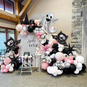 pink black silver halloween balloon garland kit 130pcs with starburst ghost balloon and wizard hat for girl baby shower happy boo day spooky one birthday party decoration
