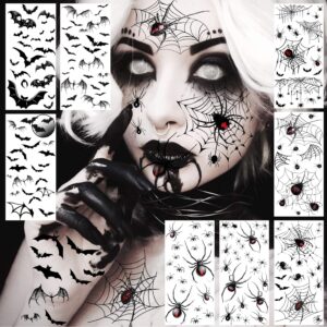 vantaty 9 sheets halloween spider web face tattoo stickers, bat half arm temporary tattoo sleeve for women men adults kids, scary spiderweb witch makeup for halloween face tattoo, fake chucky zombie makeup kit