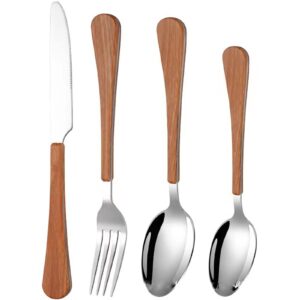 wood silverware set 64 piece stainless steel flatware set for 16 wooden grain handle cutlery sets restaurant wedding kitchen tableware utensil include knife spoon fork fruit fork and coffee spoon