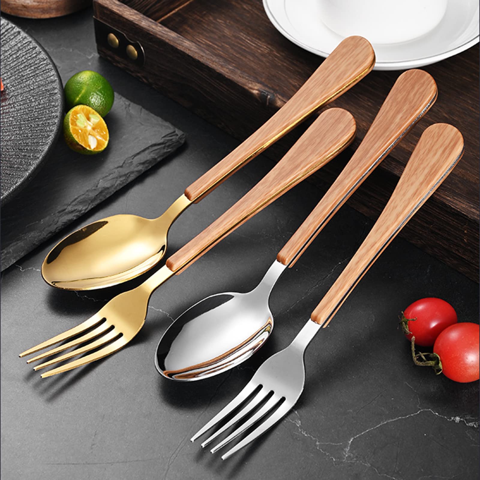 Wood Silverware Set 64 Piece Stainless Steel Flatware Set for 16 Wooden Grain Handle Cutlery Sets Restaurant Wedding Kitchen Tableware Utensil Include Knife Spoon Fork Fruit Fork and Coffee Spoon