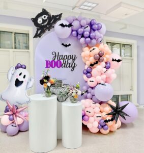 kozee pastel halloween birthday balloon garland decorations kit 130 pcs purple pink orange balloons + bat ghost mylar balloons for spooky halloween arch booday party decorations