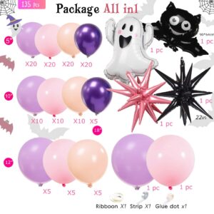 Kozee Pastel Halloween Birthday Balloon Garland Decorations Kit 130 Pcs Purple Pink Orange Balloons + Bat Ghost Mylar Balloons for Spooky Halloween Arch Booday Party Decorations