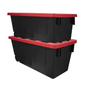 ohrong 50 gallon snap lid wheeled plastic storage tote, black base/red lid, set of 2