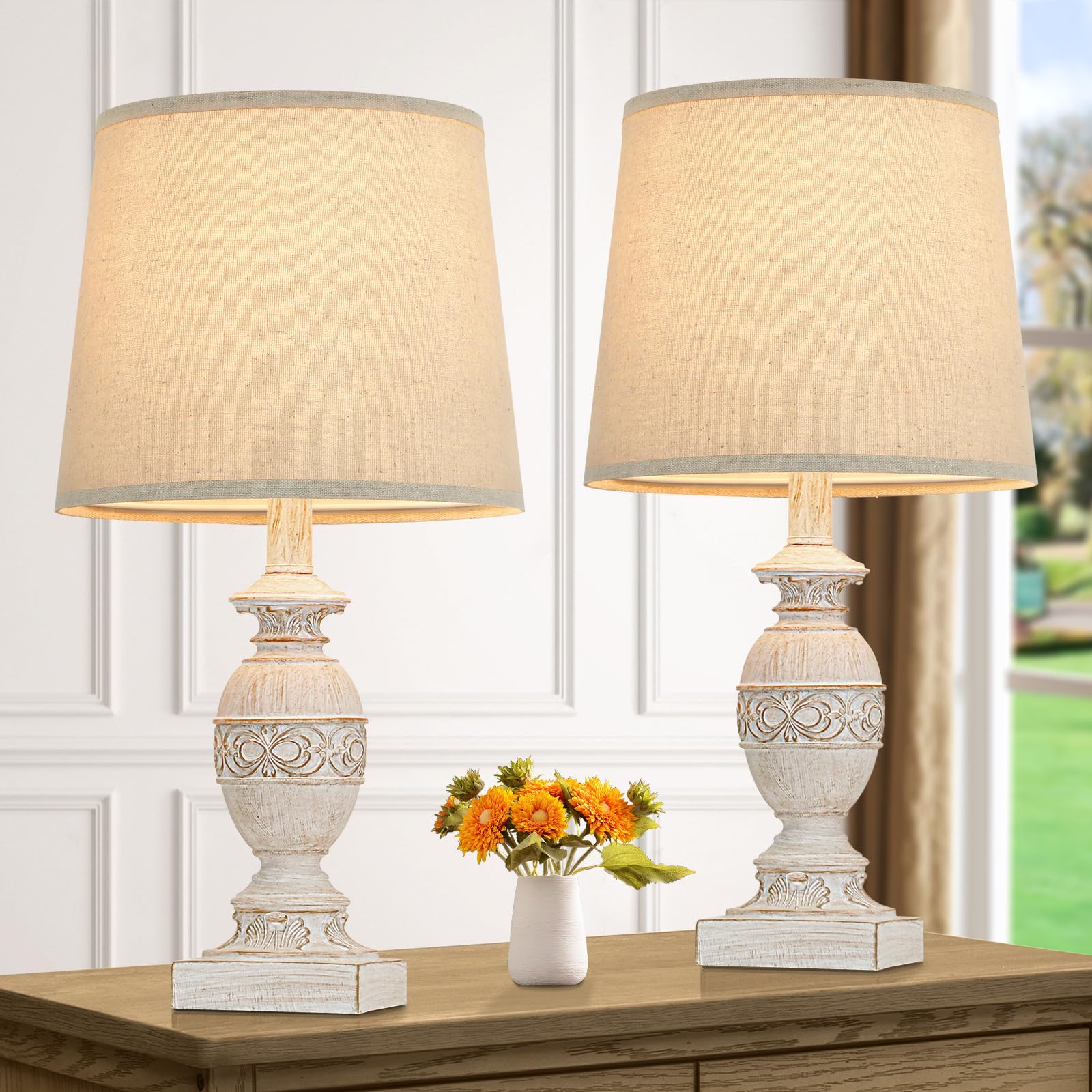 Kondras 19’’ Farmhouse Table Lamp Set of 2, Small Resin Table Lamps for Living Room, Vintage Carved Floral Nightstand Lamps with Cream Fabric Lampshade, Bedside Lamps for Bedroom End Table, No Bulb