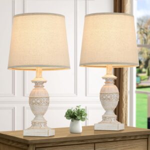 Kondras 19’’ Farmhouse Table Lamp Set of 2, Small Resin Table Lamps for Living Room, Vintage Carved Floral Nightstand Lamps with Cream Fabric Lampshade, Bedside Lamps for Bedroom End Table, No Bulb
