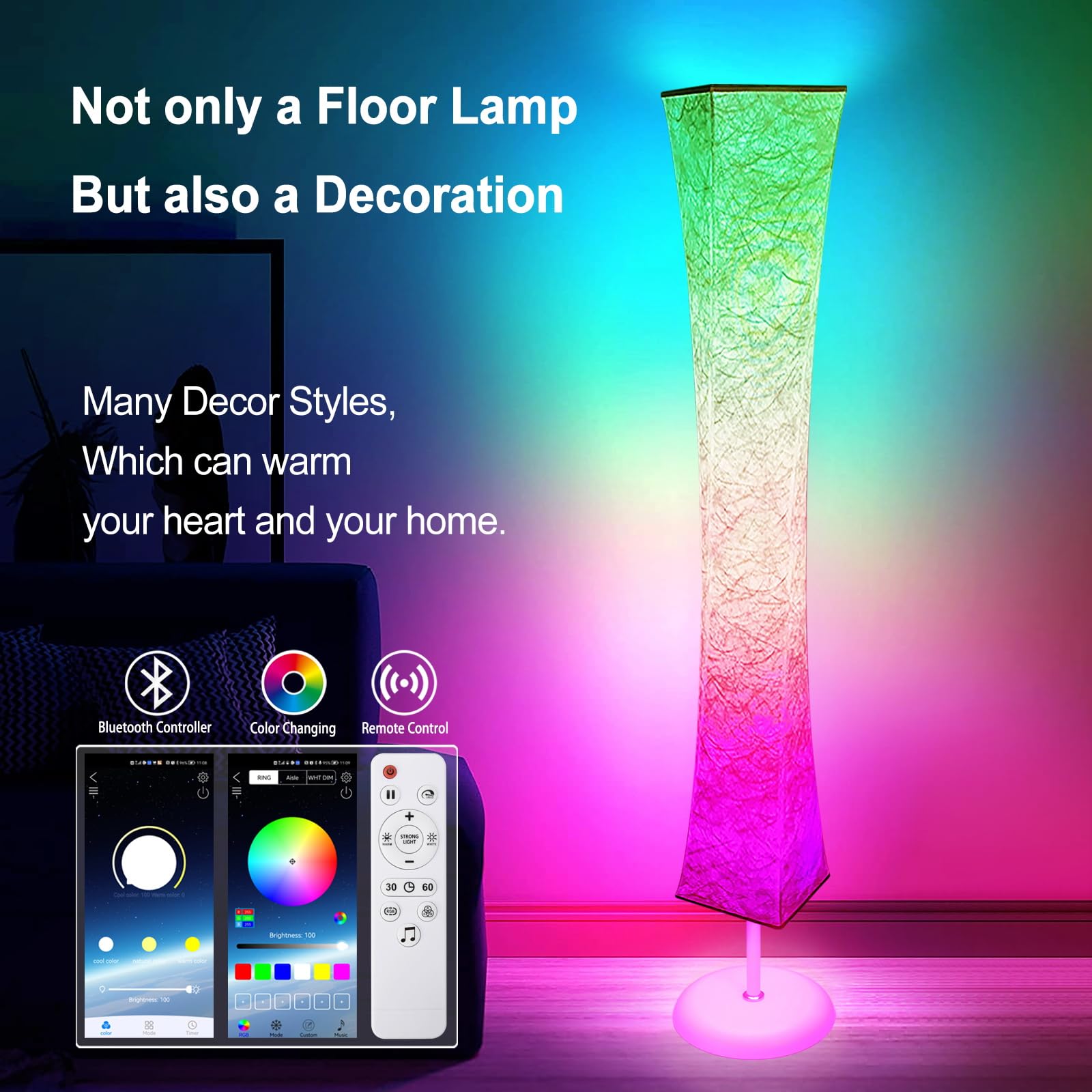 dotanddot Floor Lamp, RGB Color Changing, Smart Control Music Sync with Fabric Shade, Standing Lamp for Living Room Bedroom Game Room, 62 inch