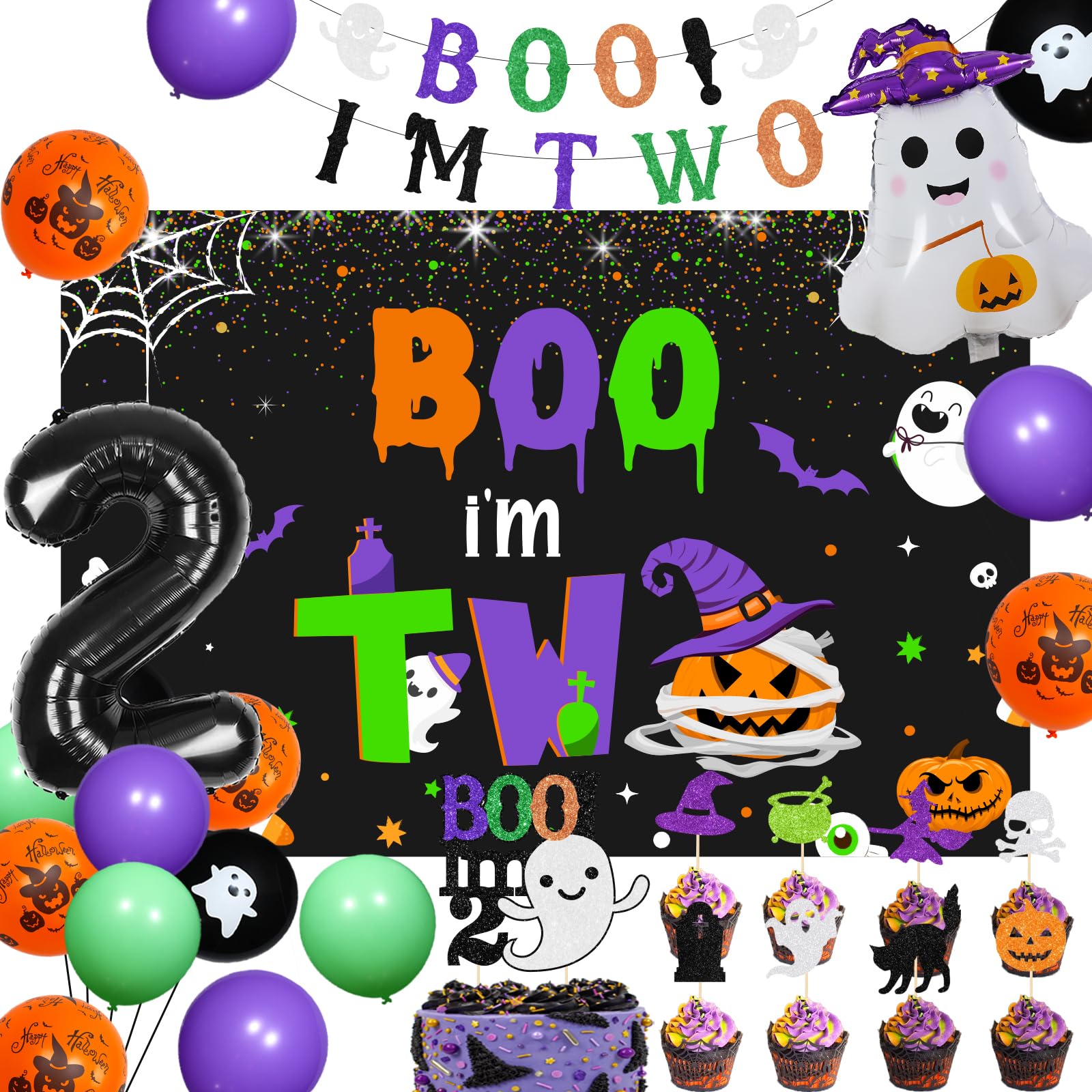 kreat4joy Boo Im Two Decor Birthday Backdrop Banner, Halloween 2nd Birthday Party Decorations, Black Orange Purple Green Halloween Balloons Cake Cupcake Toppers 2 Year Old Boys Girls Birthday Party