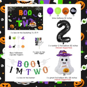 kreat4joy Boo Im Two Decor Birthday Backdrop Banner, Halloween 2nd Birthday Party Decorations, Black Orange Purple Green Halloween Balloons Cake Cupcake Toppers 2 Year Old Boys Girls Birthday Party